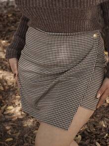 Lupita Cardoza 千鸟格印花 A 字迷你裙，节日派对女士短裙，新年，节日女士 - 咖啡棕 - 查看 3