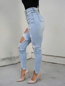 SAYEHFBABY Ladies' Skinny Fit Ripped Jeans Y2k - Light Wash - View 4