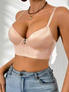 1 pieza Sujetador con aros para mujer, casual y cómodo, levanta y separa, cierre con cremallera delantera
