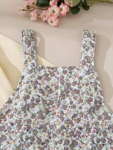 Souflis Souflis 2pcs Toddler Girls Vintage Floral Corduroy Suspender Pants + Jacquard Knit Long Sleeve T-Shirt Set, Casual Outfit For Daily Wear, Family Gathering