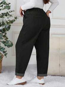 SHEIN CURVE+ 大码女式休闲松紧腰口袋牛仔裤 - 黑色 - 查看 2