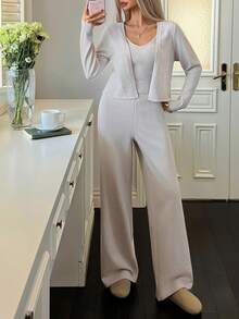 DAZY 女士睡衣套装（冬季）针织开衫、背心和裤子三件套 - 灰色 - 查看 8