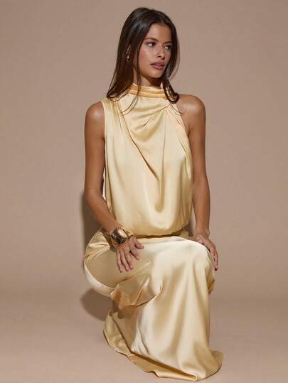 SHEIN BAE Elegant Asymmetric Sleeveless Cream Yellow Dress, Sexy Minimalist Formal Gown For Party, Wedding, Cocktail, Birthday, Bridesmaid,Valentine's Day,Valentine Outfits For Women