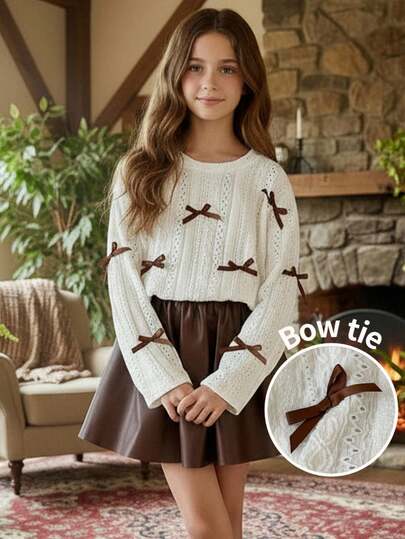 LMoss Kids סט של 2 יחידות חצאית מיני סריג בצבע אחיד עם צווארון עגול של LMoss בסגנון צרפתי, שיק לבנות, עם 2 יחידות, חצאית עור, צווארון עגול בצבע אחיד וחצאית מיני מעור PU, חצאית עור לילדים, חצאית עור חומה לילדים, חצאית עור חומה לילדים, חצאית עור לפעוטות לילדות, שרוול ארוך, חולצות לבנות, דגמי סתיו וחורף נעימים