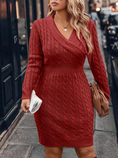 SHEIN LUNE Rochie elegantă de seară, tricotată, cu decolteu în V, cu nasturi, model bodycon, pentru navetiști, mărime plus, toamnă/iarnă