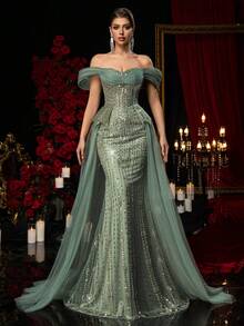 Glamrae Elegant Luxurious Beaded & Sequin Floral Off Shoulder Mermaid Maxi Dress With Voluminous Tulle Skirt (Heavy Embellishment) - Army Green - View 10