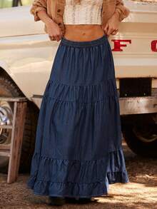 WESTFADE Smocked Elastic Waist Tiered Ruffle Flowy Cotton Blend Denim Midi Skirt Fall, Autumn, Winter, Boho, Casual, Cute, Country Western Wear - Dark Wash - View 5