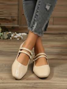 Bailarina para mujer charol brillante+punta cuadrada+doble correa+suela plana+estilo clásico elegante+trabajo diario+zapatos planos - Beis - Ver 3