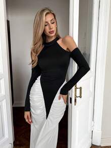 Elenzga Rochie lungă elegantă, alb-negru, în culori contrastante, decolteu înalt, umeri goi, mânecă lungă, talie strâmtă, mulată, design deconstruit, extrem de populară printre influenceri și persoane din înalta societate, potrivită pentru petreceri de toamnă/iarnă, întâlniri, Halloween, banchete - Alb-negru - Vizualizare 5