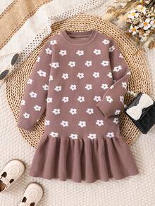 SHEIN Playful Pals 小女孩花卉提花针织毛衣裙，圆领常规版型卡通花朵图案针织裙，柔软舒适，适合春季、秋季、冬季、日常穿着、外出、旅行、度假、居家、日托、儿童玩耍 - 駝色 - 查看 4