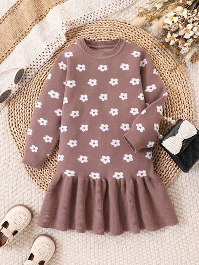 SHEIN Playful Pals Váy len dệt kim họa tiết hoa jacquard cho bé gái, cổ tròn, dáng ôm vừa vặn, họa tiết hoa hoạt hình, mềm mại và thoải mái, thích hợp mặc vào mùa xuân, mùa thu, mùa đông, mặc hàng ngày, đi chơi, du lịch, nghỉ dưỡng, mặc nhà, đi nhà trẻ, vui chơi cho trẻ em