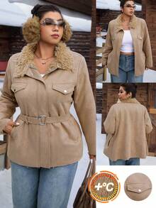SHEIN EZwear Plus Size Casual Zip-Up Fleece Collar Jacket, Autumn/Winter - Brown - View 1