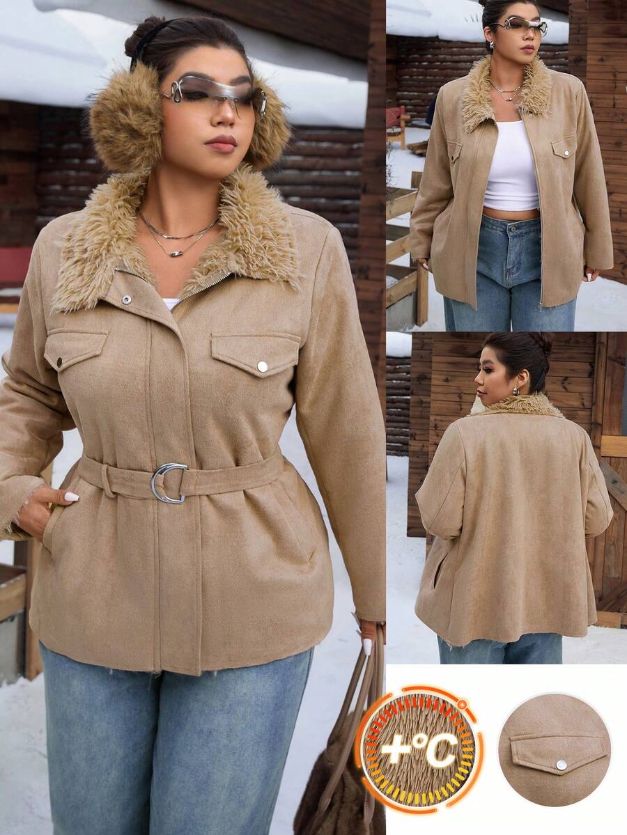 SHEIN EZwear Plus Size Casual Zip-Up Fleece Collar Jacket, Autumn/Winter - Brown - View 1
