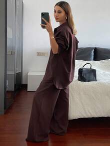 Livesso Western Style Beach Vacation Solid Color Faux Denim Linen Loose Casual 2-Piece Set For Women, Spring - Rust Brown - View 2