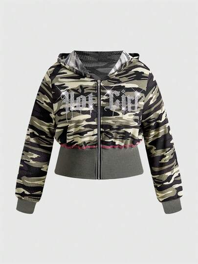 ROMWE Avant Plus Size Y2K Millennium Vintage Rhinestone Camo Print Long Sleeve Sweatshirt/Winter