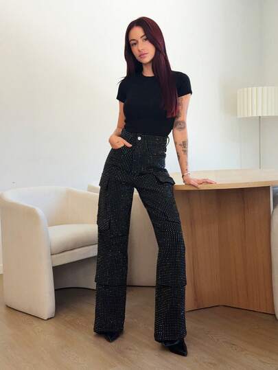 Abrilcols Winter Fall Women Clothes, Women's Mid Waist Black Rhinestone Decorated Multi-Pockets Straight Leg Casual Cargo Jeans. For Everyday Wear, Going Out, Concerts, Festivals,Party,Clubwear, Christmas Clothes Women