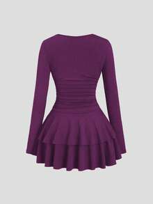 SHEIN PETITE Women's Autumn/Winter Coffee Color Asymmetric Long Sleeve Metal Decor Layered Ruffle Hem Mini Dress - Purple - View 2