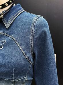 Jeanoix 女士长袖拉链翻领修身牛仔外套 - 深色水洗藍 - 查看 6