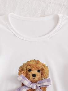 SHEIN 2pcs Girls' Cartoon Puppy & Bow Print Knit Long Sleeve Top And Pants Pajama Set - White - View 4