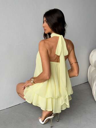 SHEIN Tall Women's Elegant Light Yellow Halter Tie Mini Dress, Suitable For Party, Date, Autumn/Winter, Spring/Summer Dress Yellow Sexy Summer Dress Flowy Short Dress Open Back Summer Dress Birthday Dress,Dresses For Women Elegant,New Year Dress ,Elegant Party Dresses