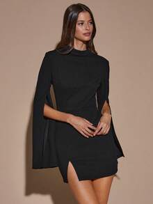 SHEIN BAE 勃艮第长袖露背系带优雅开叉迷你连衣裙，适合鸡尾酒会、浪漫约会、聚会、正式活动、伴娘礼服、夜间外出礼服、万圣节礼服、圣诞节礼服、黑色迷你连衣裙、优雅连衣裙 - 黑色 - 查看 7