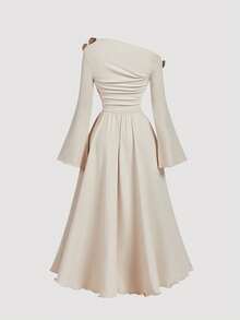 SHEIN MOD Plus Size Apricot Asymmetric-Shoulder Midi Dress For Women, One Shoulder Dress Elegant,  Thanksgiving Dress, Dress, Party Dress, Elegant Dresses For Ladies, Chic Autumn, Dress,Dresses For Women Elegant, Dress ,Elegant Party Dresses,Valentine's Day Dress ,Spring Break Outfits,Birthday Outfit For Women Beige Dresses For Women Cream Dresses For Women Modest Dress Long Sleeve Elegant Dress Neutral Dresses For Women