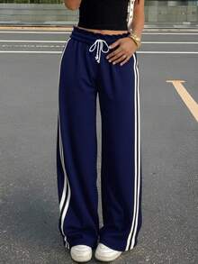 SHEIN Teen Girls Navy Blue Loose Casual Sweatpants, Solid Color Fashion Sports Pants, Contrast Color Ribbon Decor, Reversible Waistband Design, Comfortable Campus Style Pants, Simple Solid Color Loose Sweatpants Wide Leg Sweatpants Navy Blue Sweatpants Track Pants Comfy Sweatpants Comfy Pants