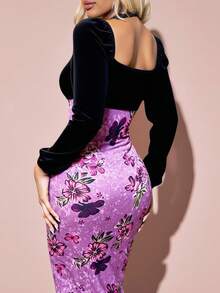 SHEIN Raffinéa Velvet Printed Fitted Long Sleeve Dress,Black And Purple,Autumn,Elegant,Dinner Date,Purple Floral Bustier Corset Top Wedding Party Night Dress - Multicolor - View 6