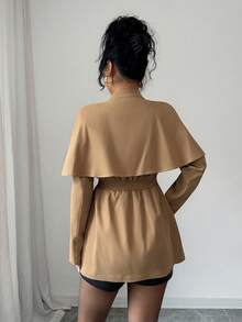 SHEIN Elenzya Women's Elegant Khaki Autumn Windbreaker,Cape-Style Mandarin Collar Long Sleeve Cinched Waist Single-Breasted Jacket,British Style Office Outerwear - Khaki - View 2