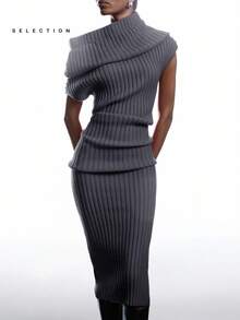 LYSMO SELECTION 2025新款秋冬女装时尚优雅纯色不对称领口修身针织连衣裙深灰色针织连衣裙罗纹针织连衣裙深灰色连衣裙单肩连衣裙围巾领连衣裙，圣诞节 - 深灰色 - 查看 6