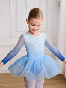 SHEIN 小女孩印花水钻紧身衣，校园比赛芭蕾薄纱裙，可爱亮片泡泡袖舞蹈连体衣