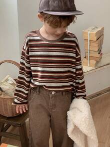 DAZY Toddler Boys' Casual Loose Fit Striped T-Shirt, Japanese Style For Autumn - Brown - View 3