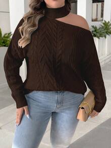SHEIN Clasi Plus Size Women Casual Asymmetrical Shoulder Loose Cable Knit Pullover Sweater, Autumn/Winter - Brown - View 4