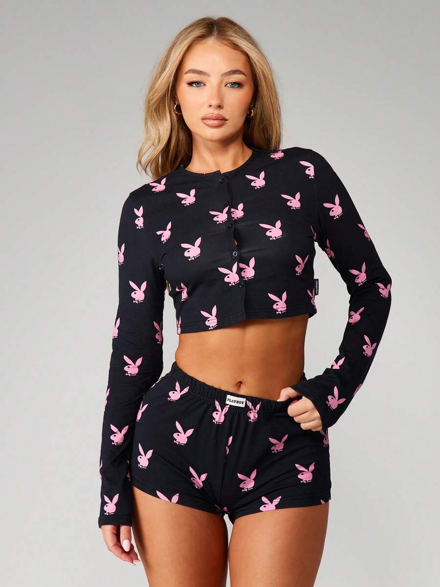 Missguided x Playboy Conjunto de top corto de manga larga y shorts a juego de Navidad - Negro - Ver 1