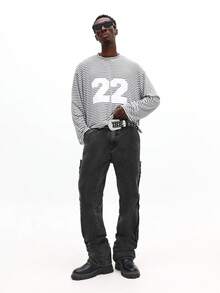 SUMWON 长袖条纹圆领 T 恤，印有醒目的数字，经典休闲日常穿着 - 彩色 - 查看 4