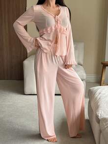 DAZY Women's Romantic Ruffle Trim Waist Knit Pajama Set, Autumn, Winter Clothes - Pink - View 6