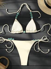 Swim Vcay 女士夏季沙滩挂脖领带翡翠大理石绿色图案装饰，适合海滩、泳池、休闲派对、节日、春夏 - 杏色 - 查看 2