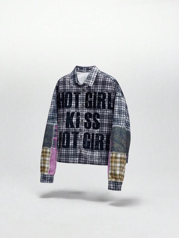 NEON BLANC Men's Contrast Color Patchwork Long Sleeve Drop Shoulder Plaid Button-Front Shirt