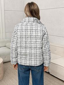 SHEIN LUNE 女士休闲宽松优雅棉质立领夹克，抽绳下摆，绗缝纹理，格子图案，粗花呢面料，适合通勤 - 黑與白 - 查看 2