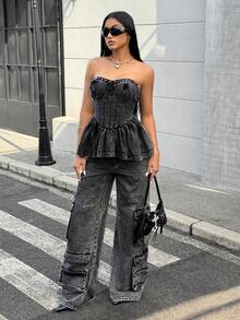 Jeanoix 女式 Y2K 荷叶边下摆时尚牛仔抹胸 - 黑色 - 查看 7