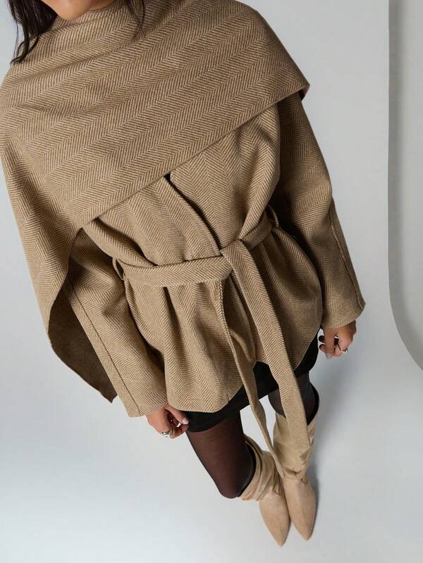 TRNVIE 1 pieza Chal de color caqui y abrigo holgado de cuello en V con mangas rectas y sueltas, casual, para ir al trabajo, ocio, estilo urbano para mujer, invierno