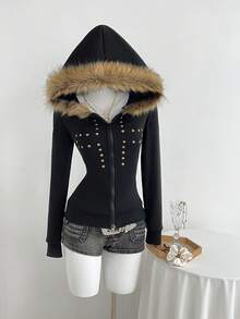 Elamini Áo khoác nỉ giữ nhiệt có khóa kéo, lót lông, màu đen, phong cách đường phố thường ngày, họa tiết chữ thập lấp lánh màu đồng, kiểu dáng retro Y2K cá tính dành cho nữ, thích hợp cho mùa Thu/Đông. - màu đen - Xem 4