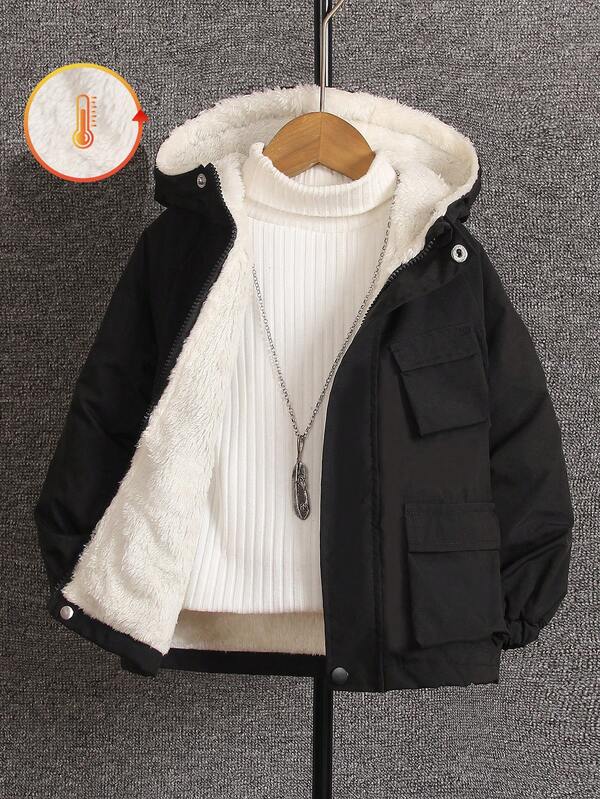 SHEIN 4-7 Years Old Boys' Black Hooded Warm Jacket, Suitable For Autumn, Spring And Winter
