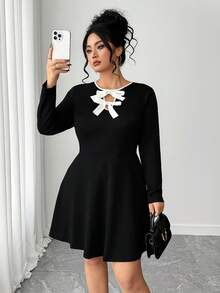 Elenzga Black Long Sleeve Dress With White Bow, Comfortable And Versatile, Suitable For Commuting And Casual Wear, Plus Size, Autumn/Winter - Black - View 1