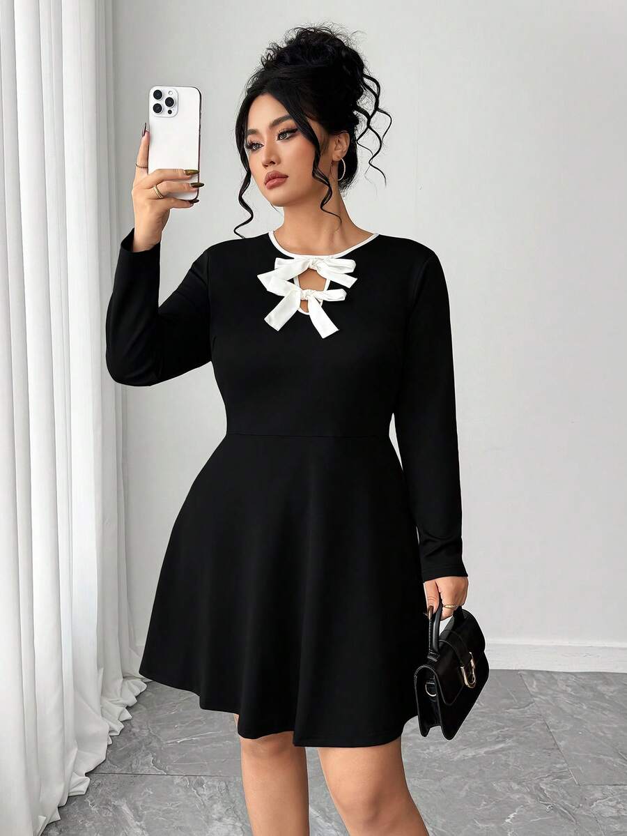 Elenzga Black Long Sleeve Dress With White Bow, Comfortable And Versatile, Suitable For Commuting And Casual Wear, Plus Size, Autumn/Winter - Black - View 1