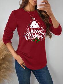 SHEIN LUNE 圣诞休闲红色圣诞树和字母印花圆领厚款卫衣，适合秋冬季、圣诞节、派对、圣诞驯鹿、圣诞聚会、圣诞派对、家庭聚会、情侣、姐妹 - 紅色 - 查看 5