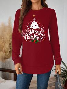 SHEIN LUNE 圣诞休闲红色圣诞树和字母印花圆领厚款卫衣，适合秋冬季、圣诞节、派对、圣诞驯鹿、圣诞聚会、圣诞派对、家庭聚会、情侣、姐妹 - 紅色 - 查看 8