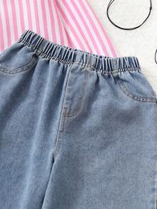 SHEIN 2pcs/Set Tween Girl' Spring/Autumn Striped Long Sleeve Shirt & Loose Light Blue Denim Jeans, Sweet Casual Outfit For Daily Wear - Pink - View 3