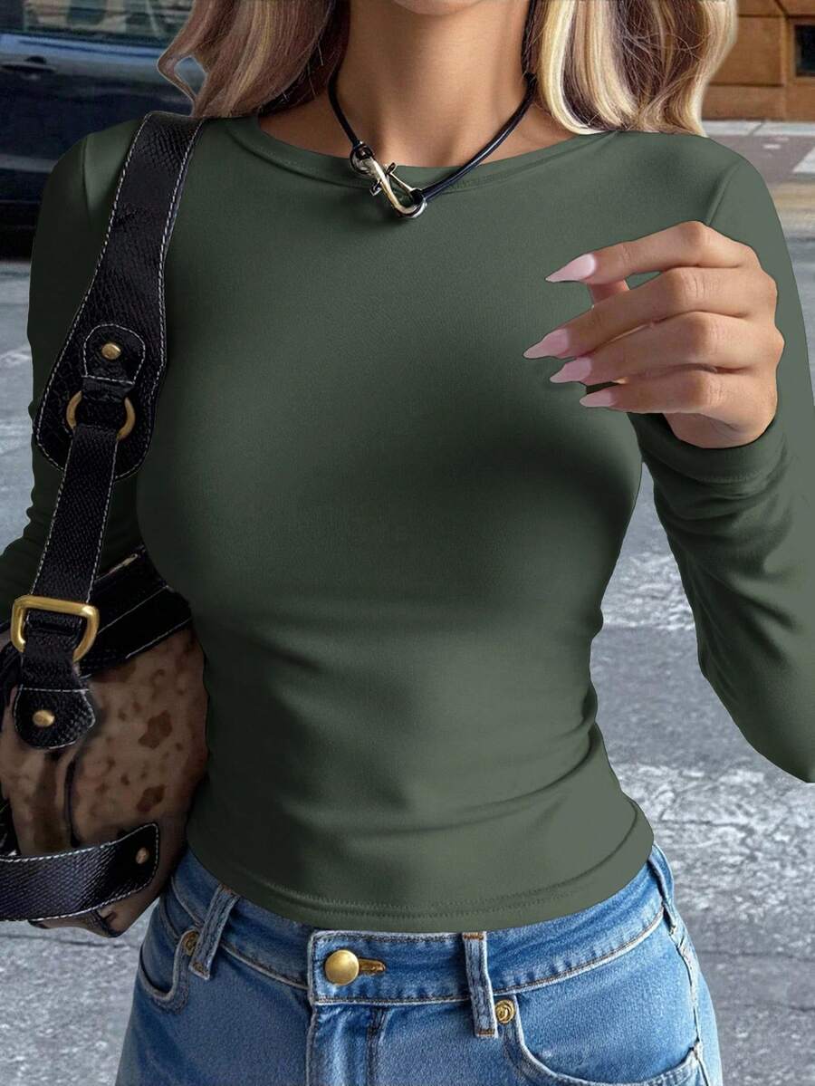 FRIFUL Women's Solid Color Thermal Lined Slim Fit Crew Neck Long Sleeve T-Shirt - Army Green - View 1