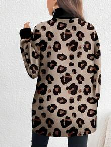 SHEIN CURVE+ 大码休闲豹纹高领长款T恤，秋冬款 - 彩色 - 查看 5